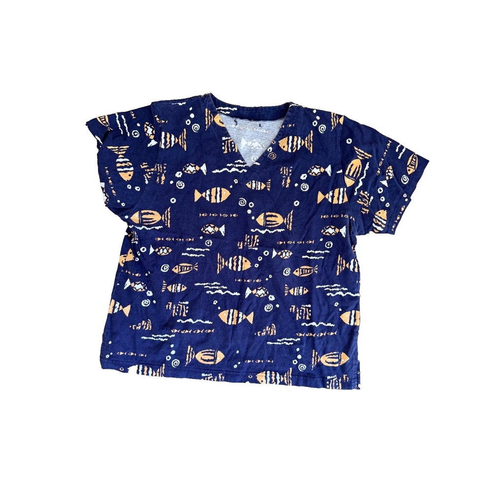 Vintage Fish Print V Neck Top Women's Blue Nautical 90s Coastal Beachy XL